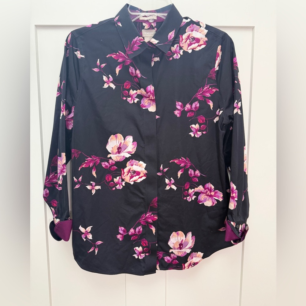 Chico’s Floral Black and Pink Button-Up Shirt